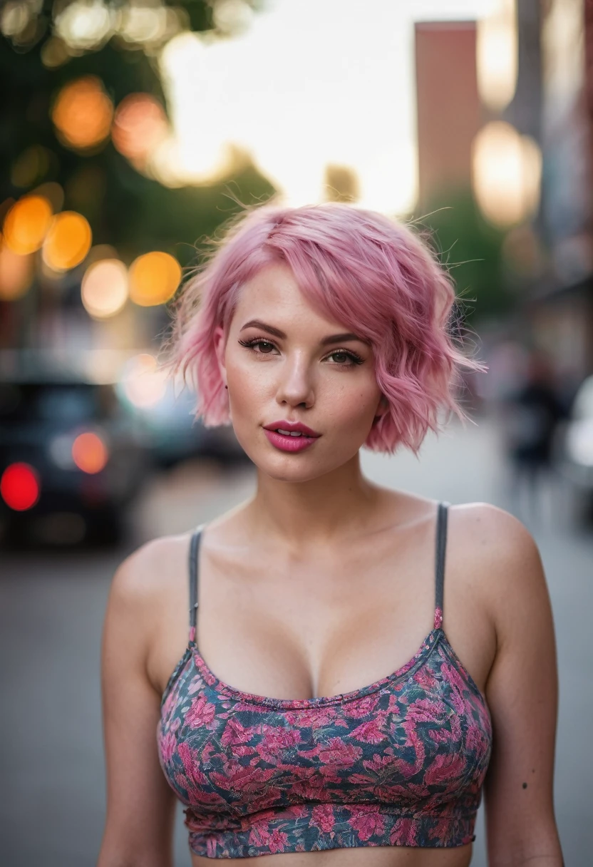 raw photography, candid and raw full length shot of a beautiful 20 year old girl, big lips, whole body, high cheekbones, playful, American, busty, short pink hair, realistic skin texture, very tall and athletic, boho-chic, defective skin, filmed with Sony Alpha A6500 1.4f, bokeh, Very detailed, Masterpiece