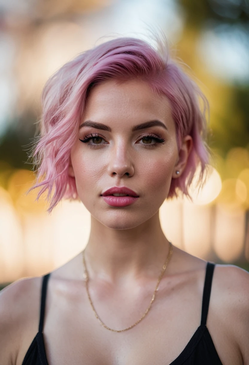 raw photography, candid and raw full length shot of a beautiful 20 year old girl, big lips, whole body, high cheekbones, playful, American, busty, short pink hair, realistic skin texture, very tall and athletic, boho-chic, defective skin, filmed with Sony Alpha A6500 1.4f, bokeh, Very detailed, Masterpiece