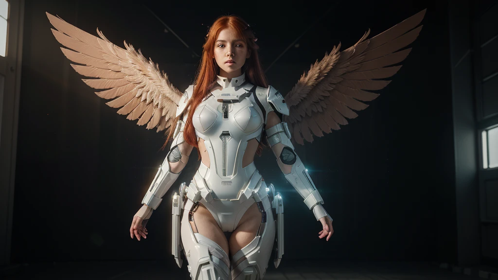 ((masterpiece, best quality, extremely detailed), volumetric lighting, ambient occlusion, colorful, glowing), 1girl, solo, young woman, (red hair), long hair, halo, aura, sacred, godness, cyber suit, android, bot, big angel wings, full body, feathers, flying,hands on hip