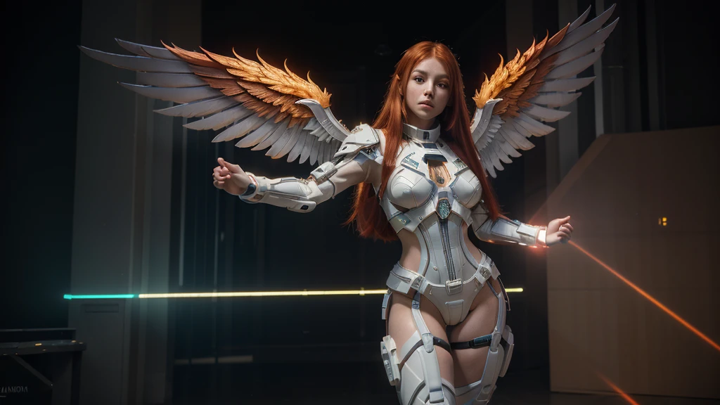 ((masterpiece, best quality, extremely detailed), volumetric lighting, ambient occlusion, colorful, glowing), 1girl, solo, young woman, (red hair), long hair, halo, aura, sacred, godness, cyber suit, android, bot, big angel wings, full body, feathers, flying,hands on hip