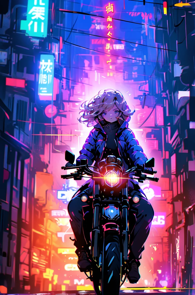 Future city at night、High-performance bikes、woman、（A scene full of speed）、The trail of light emitted from the motorcycle is depicted.