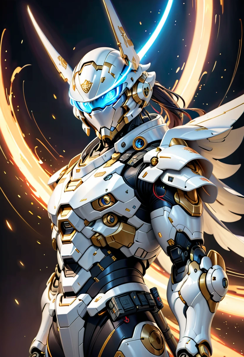 Mecha Samurai,photorealistic,Man with short white hair, white skin, Wearing blue glowing sci-fi glasses, defined and athletic body, white science fiction costume clothes with golden details, look forward, confident,