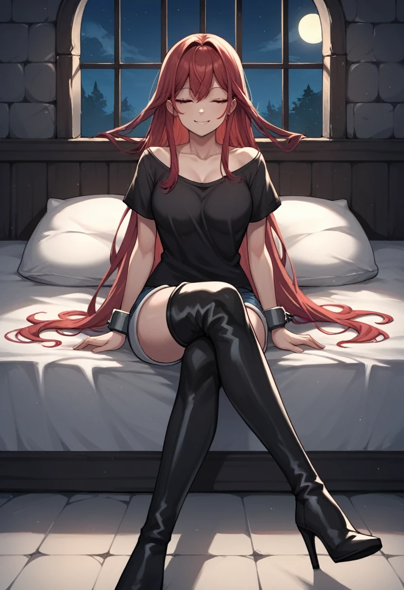 score_9, score_8_up, score_7_up, score_6_up, score_5_up, score_4_up, source_anime, 1woman, she on bed, sexy smile, red hair, loose hair, close eyes,shackles, crossed legs, long hair, black shirt, shorts, thigh boots, black boots, metal heels, night, dungeon, best quality, best res, 4K UHD,