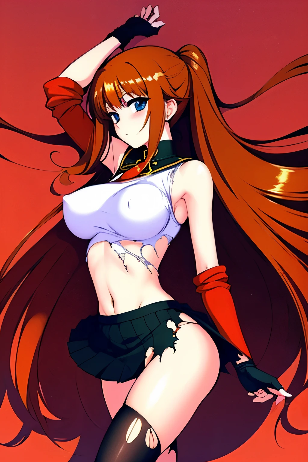 best quality,masterpiece,1girl, solo, (torn clothes:1.3), ,bare_shoulders, narrow_waist, navel, black_pantyhose, red_thong, red_and_orange_clothes, floating_clothes, open_clothes, Splited skirt hem, very_long_skirt_hem, detached_sleeves, very_long_sleeves, fingerless_gloves,in street,floating_hair