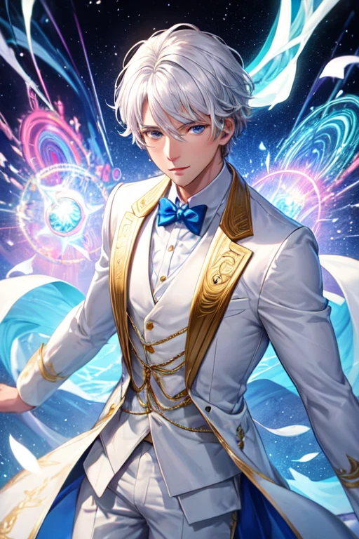 30-year-old man with white hair and bright blue eyes wearing white formal clothes with magical powers
