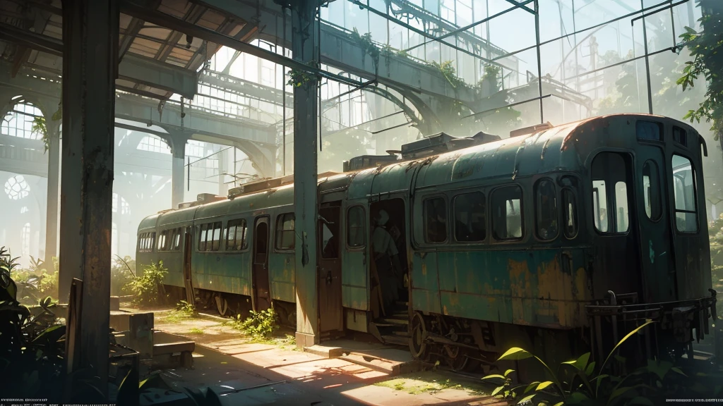 realistic detailed futuristic abandoned train station interior, high ceiling glass walls, overgrown plants, decaying benches, long check-in counters, rays of light, cinematic lighting, moody atmosphere, dramatic perspective, volumetric fog, intricate architecture, weathered materials, sense of decay, photorealistic