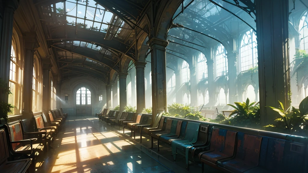realistic detailed futuristic abandoned train station interior, high ceiling glass walls, overgrown plants, decaying benches, long check-in counters, rays of light, cinematic lighting, moody atmosphere, dramatic perspective, volumetric fog, intricate architecture, weathered materials, sense of decay, photorealistic