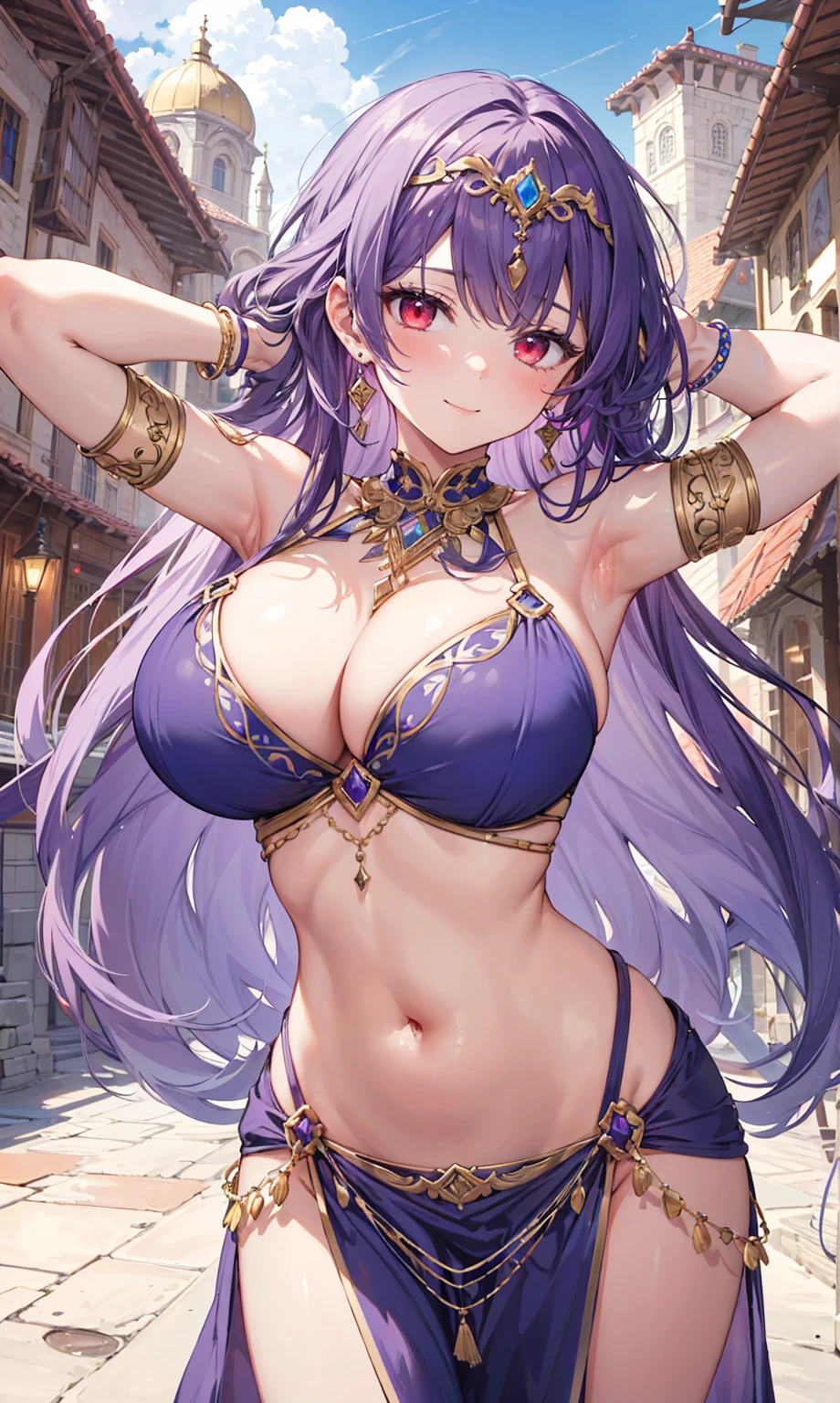 high quality, ultra detailed, best quality, insanely detailed, beautiful, masterpiece, 1girl, medieval plaza, cowboy shot, red eyes, long hair, purple hair, belly dancer, circlet, earrings, armlets, bracelets, bashful smile, large breasts, cleavage, soft stomach