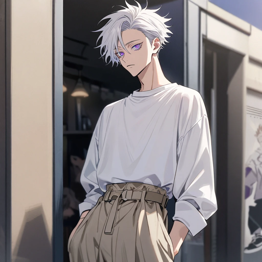 A jujutsu kaisen style boy with white hair , purples eyes, wearing a basic white blouse, and beige cargo pants under the blouse, and a white sneaker