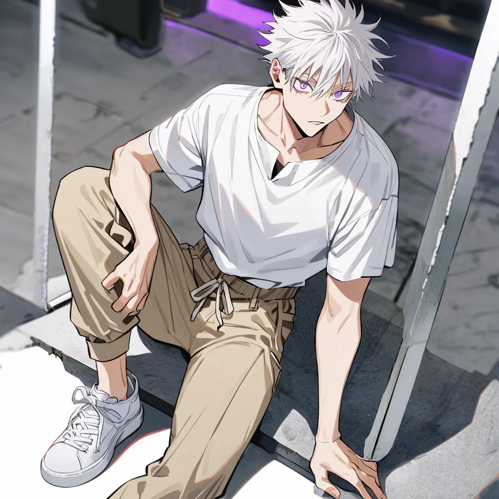 A jujutsu kaisen style boy with white hair , purples eyes, wearing a basic white blouse, and beige cargo pants under the blouse, and a white sneaker