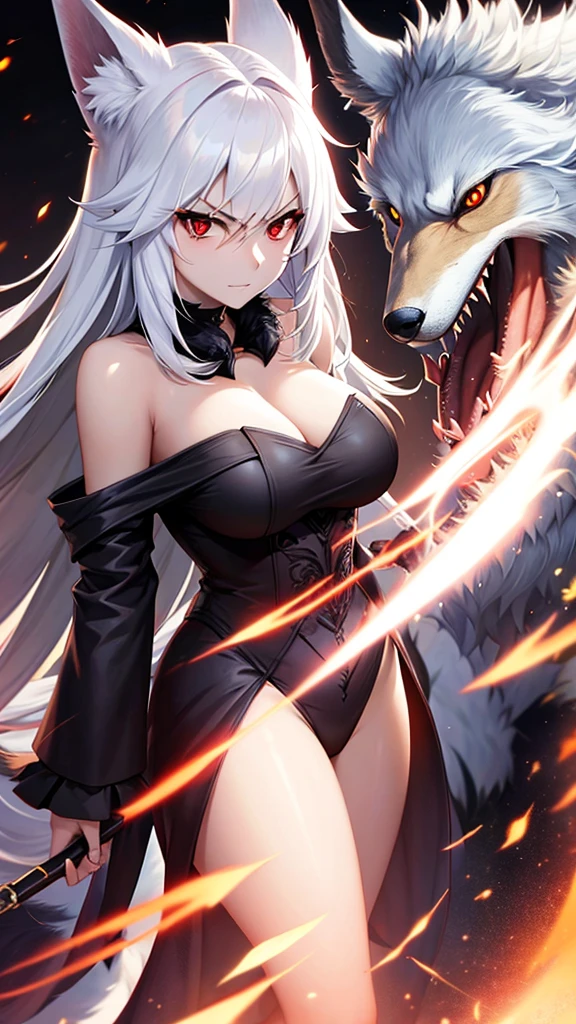 An adult woman half fox and wolf, wide breasts, red eyes, white hair, very angry