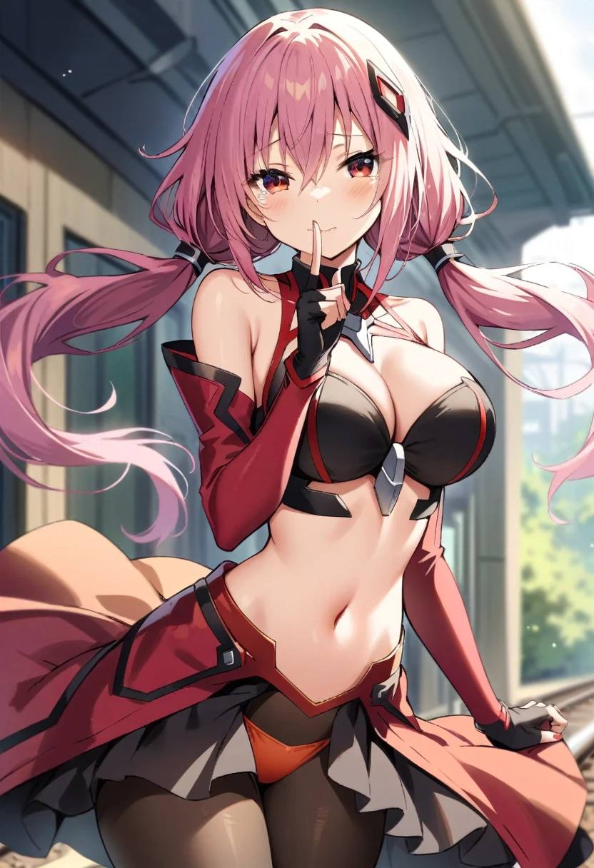 masterpiece, best quality, very aesthetic, absurdres,1girl, ,yuzuriha_inori(guilty_crown), guilty_crown, 1girl, floating_hair, low_twintails, hair_ornament, linea_alba, long_hair, medium_breasts, pink_hair, red_eyes, bare_shoulders, narrow_waist, navel, black_pantyhose, red_thong, red_and_orange_clothes, floating_clothes, open_clothes, Splited skirt hem, very_long_skirt_hem, detached_sleeves, very_long_sleeves, fingerless_gloves,shushing, silence gesture,finger_to_mouth,blush,tears in eyes,embarrassed,,by the railway,blur background,background defocus