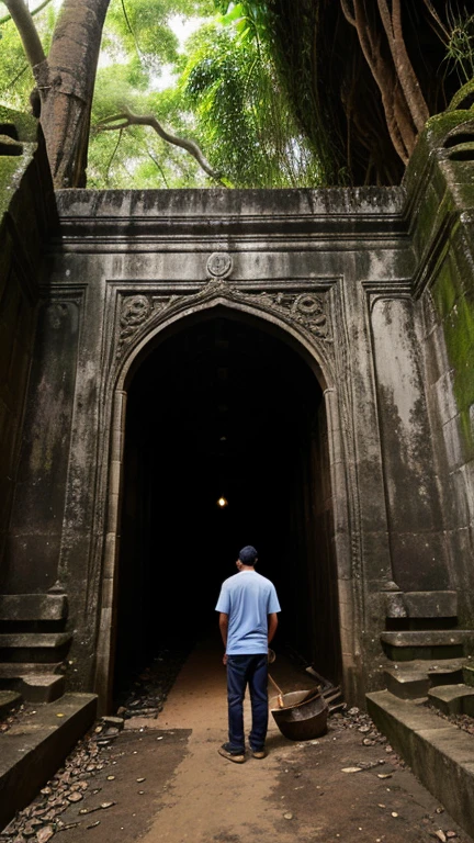 A man is standing in front of an old tunnel with a spade and a torch in his hand. The main entrance of the tunnel is like a rat's mouth. The tunnel is surrounded by the roots of a banyan tree. The tunnel is a secret passage to the temple.