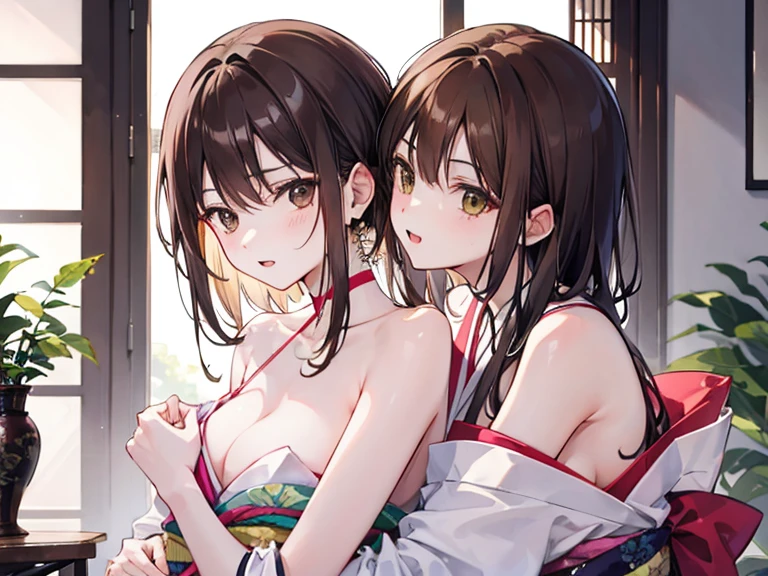 Brown haired sisters，Lesbian，In heat，They are hugging each other，kimono，Half naked，Squirting