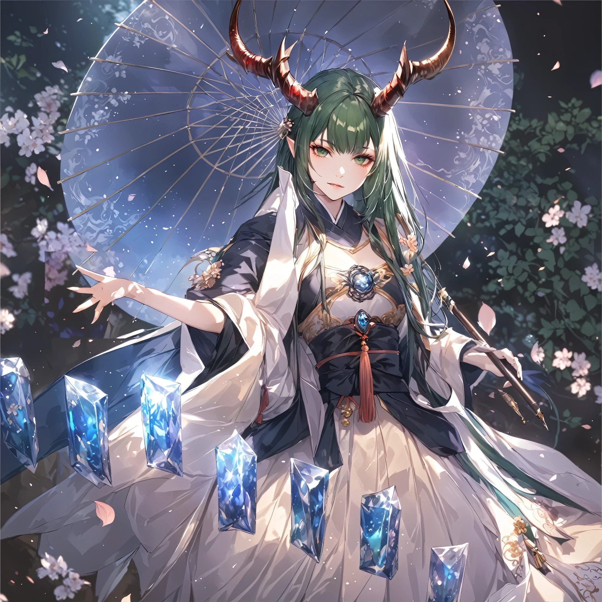 masterpiece, best quality, Fantasy aesthetics, Highly detailed, shadowverse style, female, japanese style, dark green hair, dragon horn