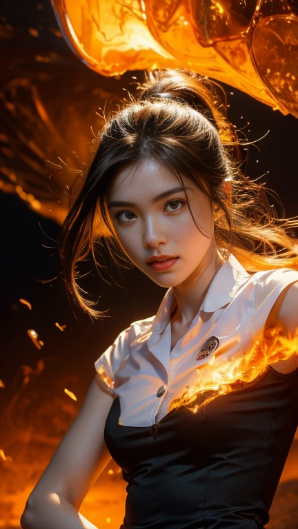 (fire element:1.1), medium long shot, It consists of fire element,fire,transparency,burning,(molten rock),Frame print,burning hair,smoke,cloud,chopped, girl engulfed in flames, Flames fly and sparks scatter,mano burning,translucent luminescence, 18s woman in thai university uniform, long straight fire hair, white shirt, black tight mini skirt, brown belt, white sneakers, masterpiece:1.2, high detail, realistic, cinematic scene, fire goddess, perfect figure, 16k, close up, portrait photo, dynamic powerful pose