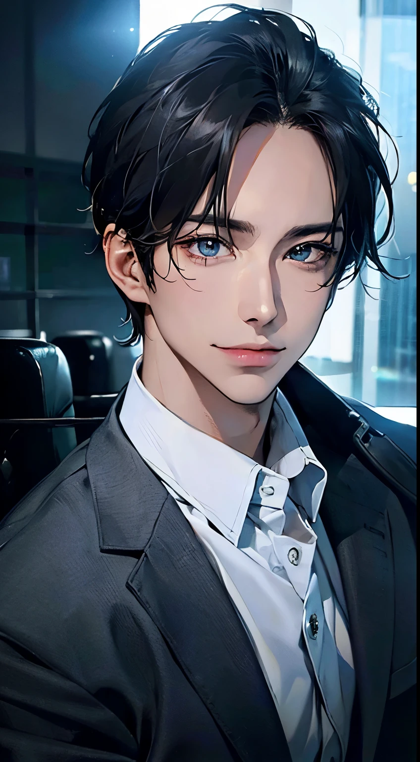 (Highest quality,4K,8K,High resolution,masterpiece:1.2),Super detailed,(Realistic,photoRealistic,photo-Realistic:1.37),1 person,31 years old,Mature Men,very handsome,Expressionless,smile,Short gray-black hair,blue eyes,Sharp Eyes,A perfect face without a doubt,Intimidating posture,Businessman,Office Background,Cinema Lighting,HDR image