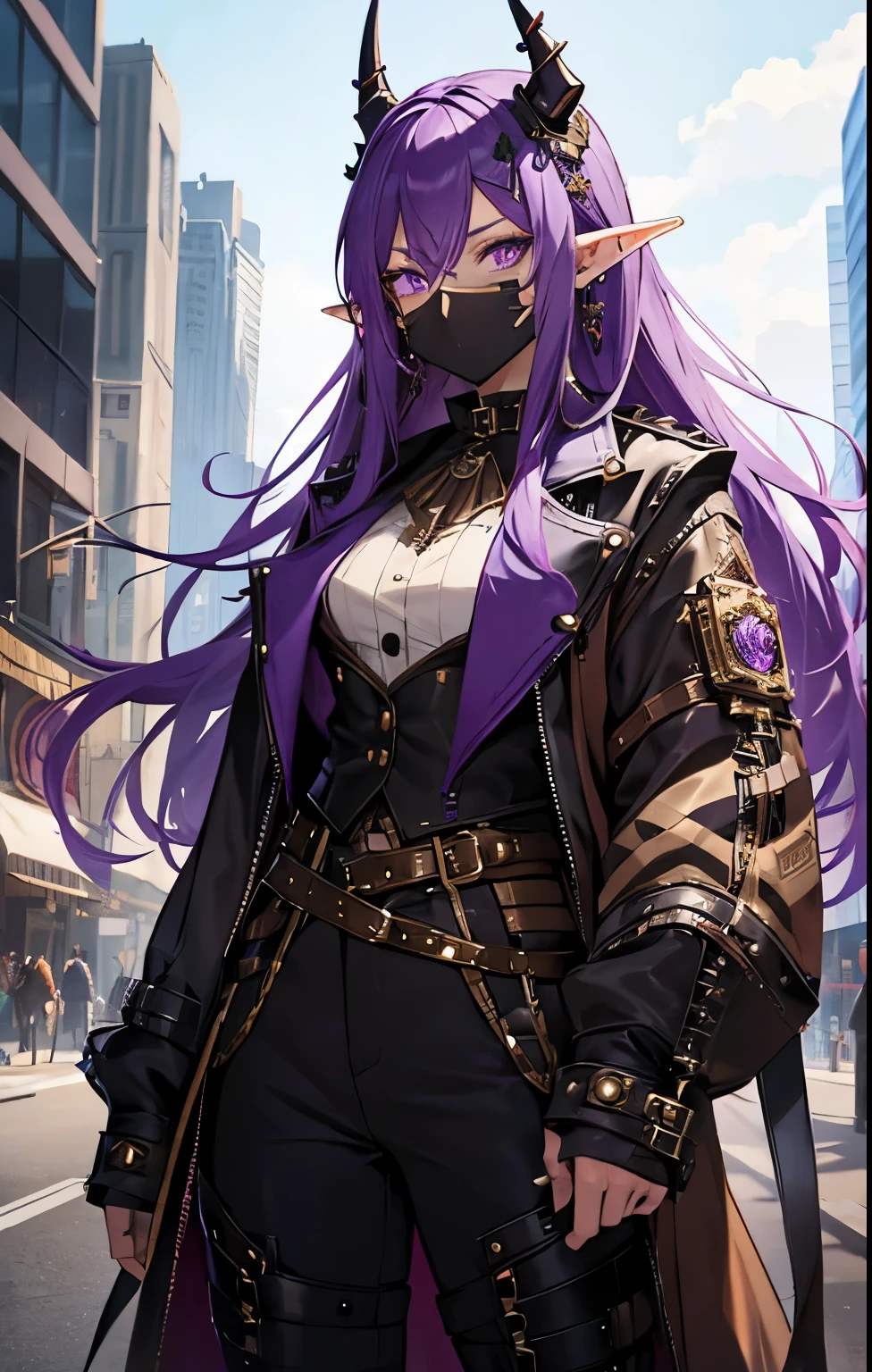 Female, purple long hair, light skin, elf ears with jewelry on ears, horns, purple eyes with cool design, steampunk, wearing spiked facemask wearing jacket, wearing long bandana, wearing baggy pants and a spiked belt, steampunk inspired outfit