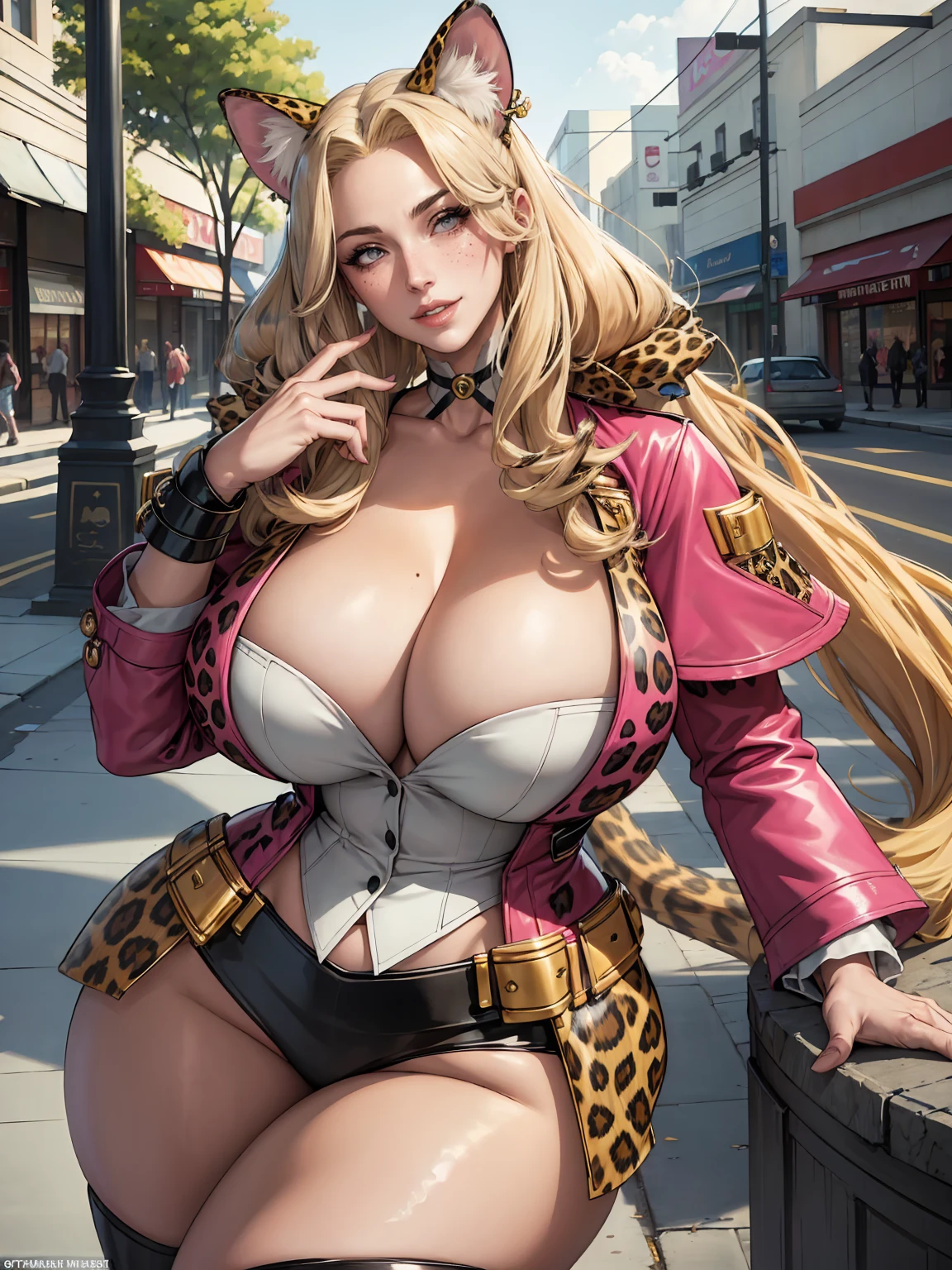 masterpiece:1.2, best quality), realistic, (real picture, intricate details, depth of field), (1girl, solo),milfication, milf, (mature female), make up, evil smile, parted lips, highly-detailed, gorgeous perfect face, large breasts, sagging breasts, (skindentation), thighs, (narrow waist), (hourglass figure), tall, (Luscious pink lips), (Voluminous blonde hair), (long pony tail), (big hair), [freckles], messy hair, beautiful light blue eyes, (cat ears), (cat tails), ((leopard print)), red jacket, leopard print bra , belt, denim skirt, bracelets, choker, sexy, blushing, (Adult Temptress) Voluptuous, Curvy, (Seductive dynamic pose), posing, ((Deep Cleavage)), head tilt, posing, outdoors, mall, street,