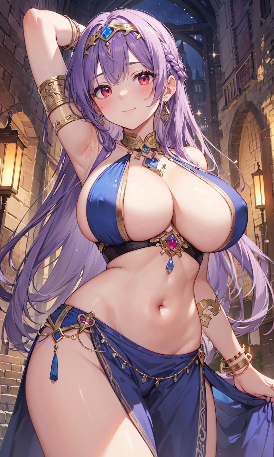 high quality, ultra detailed, best quality, insanely detailed, beautiful, masterpiece, 1girl, medieval plaza, cowboy shot, red eyes, long hair, purple hair, belly dancer, circlet, earrings, armlets, bracelets, bashful smile, large breasts, cleavage, soft stomach