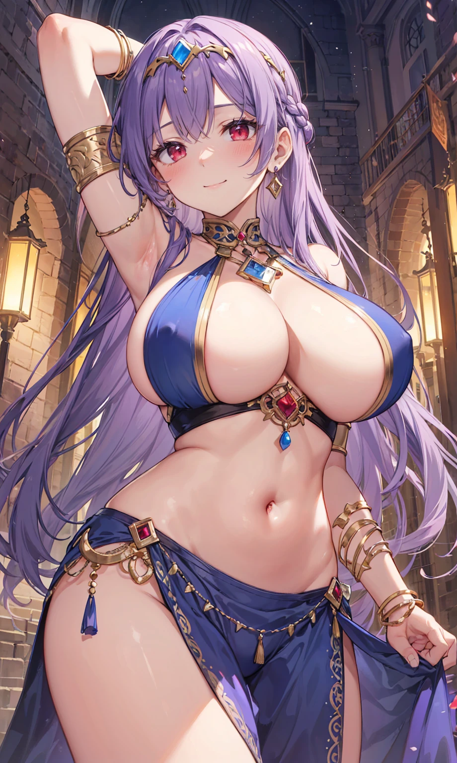 high quality, ultra detailed, best quality, insanely detailed, beautiful, masterpiece, 1girl, medieval plaza, cowboy shot, red eyes, long hair, purple hair, belly dancer, circlet, earrings, armlets, bracelets, bashful smile, large breasts, cleavage, soft stomach