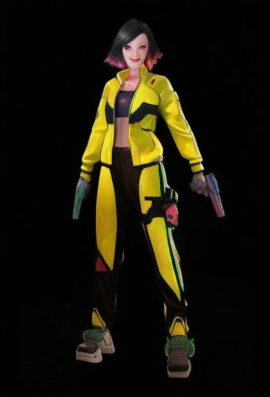 a kelly woman ( Free Fire), black fur,with yellow jacket free rire,Fitted white crop top,yellow pants,white tennis shoes, holding a gun, , Free Fire character, cyberpunk style 2 0 2 4, cyberpunk costumes, cyberpunk 2 0 years. o model girl, female main character, Cyberpunk 2 0 7 7 Character Art, cyberpunk style suit, kelly welles ciberpunk, Cyberpunk flame suit, cyberpunk femme fatale, cyberpunk costume,( Free Fire).