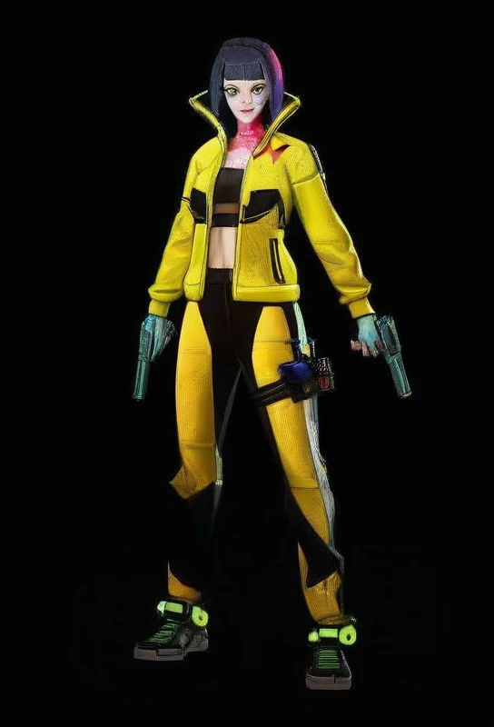 a kelly woman ( Free Fire), black fur,with yellow jacket free rire,Fitted white crop top,yellow pants,white tennis shoes, holding a gun, , Free Fire character, cyberpunk style 2 0 2 4, cyberpunk costumes, cyberpunk 2 0 years. o model girl, female main character, Cyberpunk 2 0 7 7 Character Art, cyberpunk style suit, kelly welles ciberpunk, Cyberpunk flame suit, cyberpunk femme fatale, cyberpunk costume,( Free Fire).