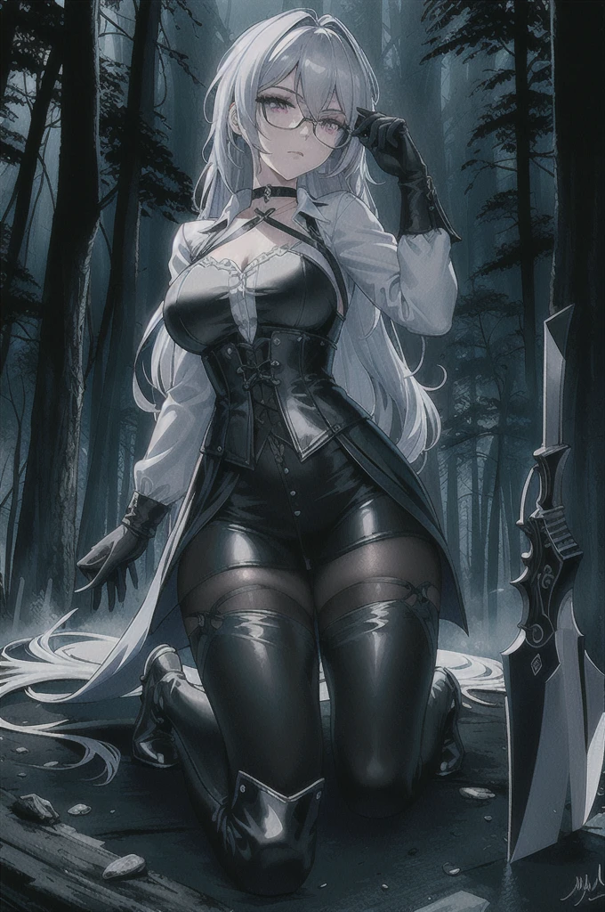 ((women Bodysuit Black)),((bare breasts,medium breasts,bare pussy)),((very long white hair, red eyes, hopeless face)),((standing, 1 arm behind the back)), in a haunted forest, at night,