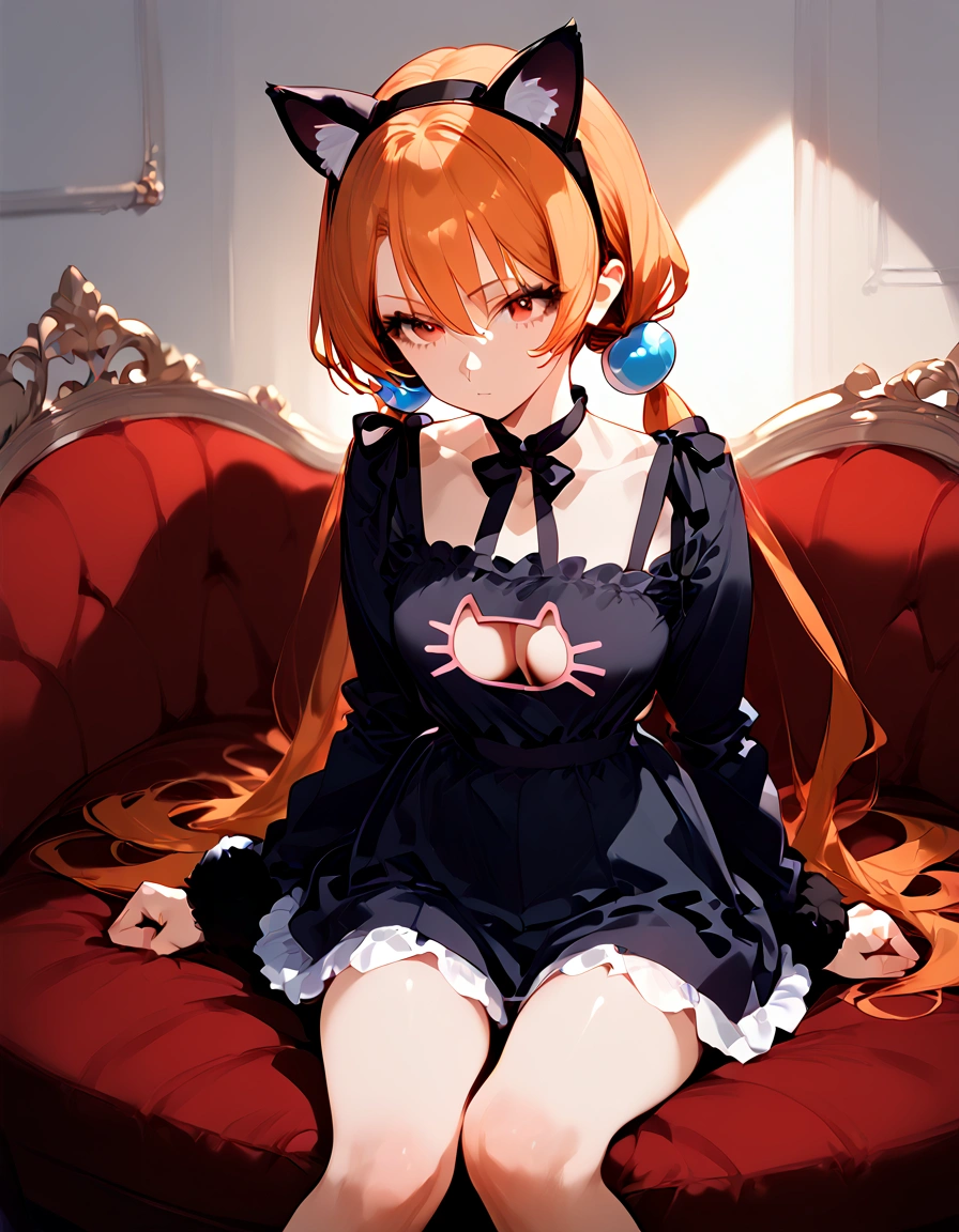 anime artwork, score_9, score_8_up, score_7_up, score_6_up, score_5_up, score_4_up,alisasr, 1girl, orange hair, red eyes, fake black cat ears, hairband, long hair, very long hair, twintails, hair ornament, hair bobbles, low twintails,, \\\\\\ style_3, floox style \\\\\ , cat lingerie, paws gloves, cat tail,  sit on sofa, lower body
