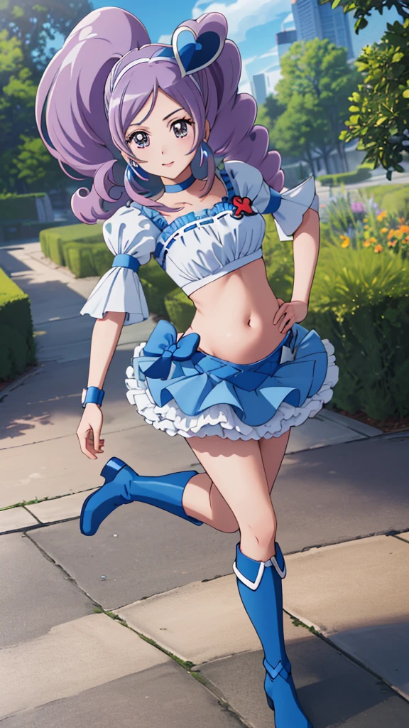 masterpiece, Highest quality, Show Viewer, Written boundary depth, walk, (belly button出し:1.2),(Outdoor:1.6),
One Girl, (Cure Berry:1.1), Pretty Cure, Wrist cuff, Blue Skirt, Side Ponytail, Blue Boots, gem, hair band, Navy Knee Socks, belly button, Blue Ribbon,