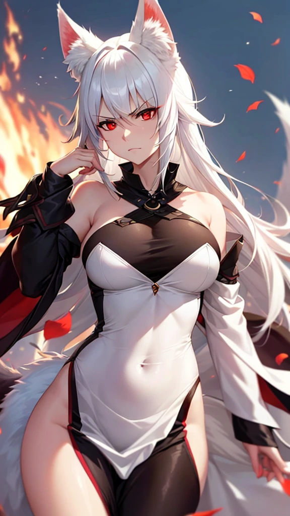 An adult woman half fox and wolf, wide breasts, red eyes, white hair, super angry
