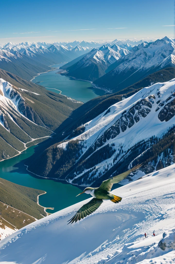 Bird flying by big green and snow mountain