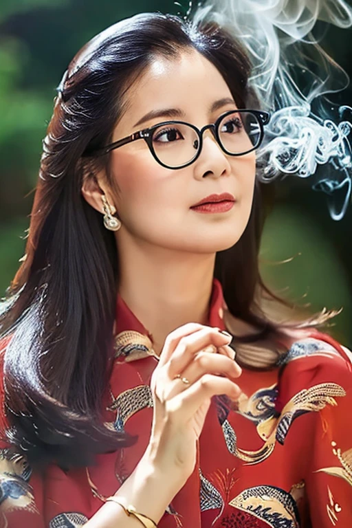 Highest quality、masterpiece、High sensitivity、High resolution、Detailed Description、Slender women、Bewitching Mature Woman、Glasses、Casual clothes、Smoke a cigarette、