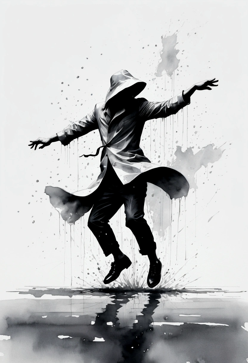 中国Ink Painting, Gray and White, Minimum,White background,Waterway, Minimalism, Huge negative space, Ink Painting, Abstract,heavy rain,A person dancing in the rain