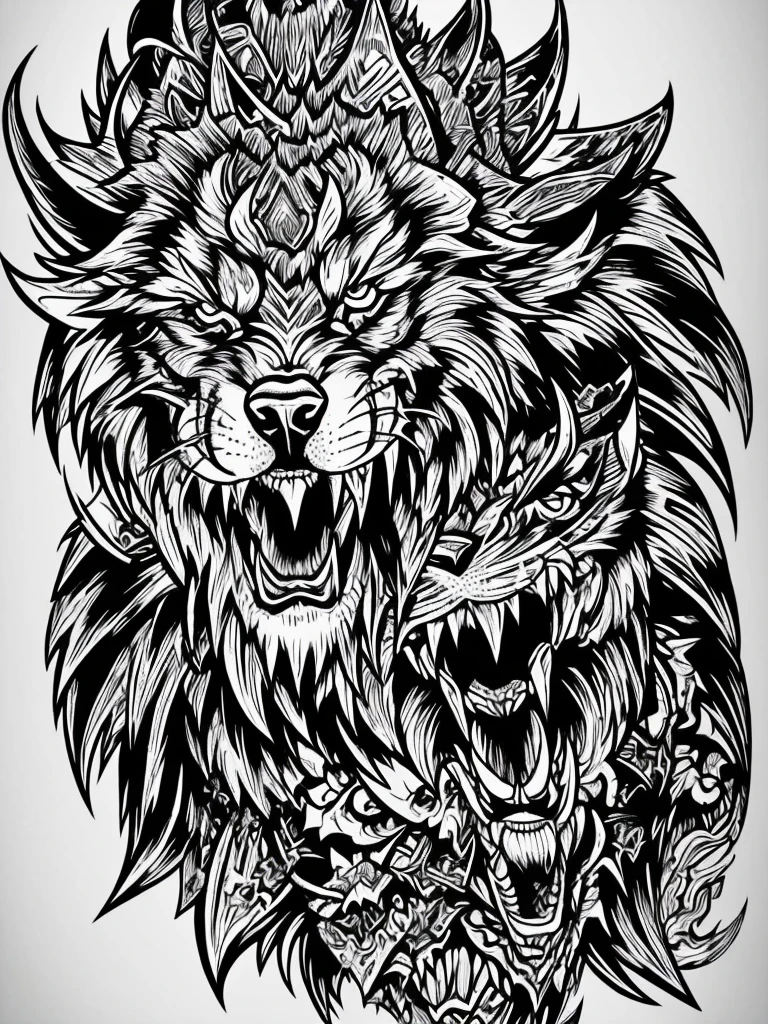 Black and white tattoo style design featuring a snarling wolf head with sharp teeth and an extended tongue, over a menacing human skull adorned with horns. Art with bold lines and crosshatched shading.