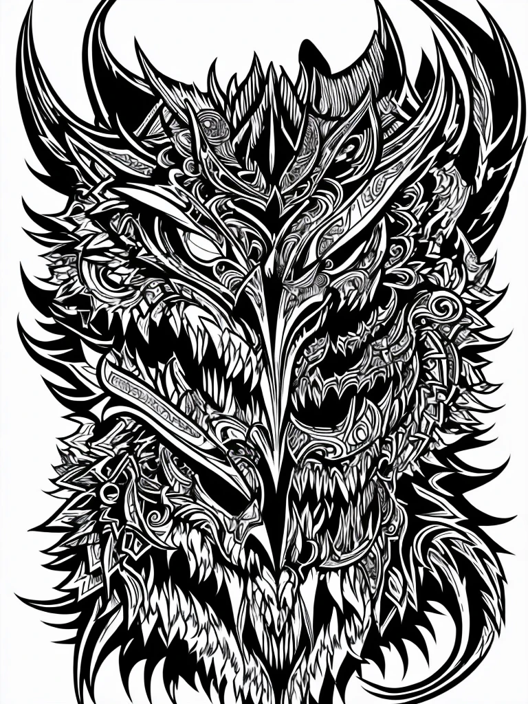 Black and white tattoo style design featuring a snarling wolf head with sharp teeth and an extended tongue, over a menacing human skull adorned with horns. Art with bold lines and crosshatched shading.