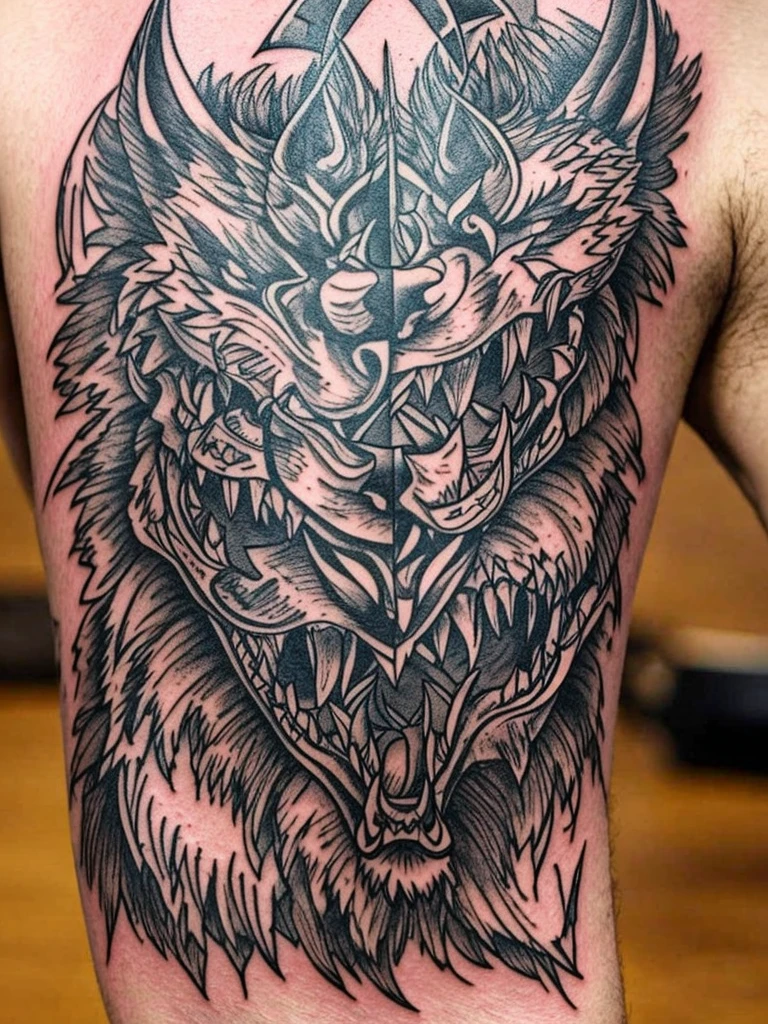 Black and white tattoo style design featuring a snarling wolf head with sharp teeth and an extended tongue, over a menacing human skull adorned with horns. Art with bold lines and crosshatched shading.