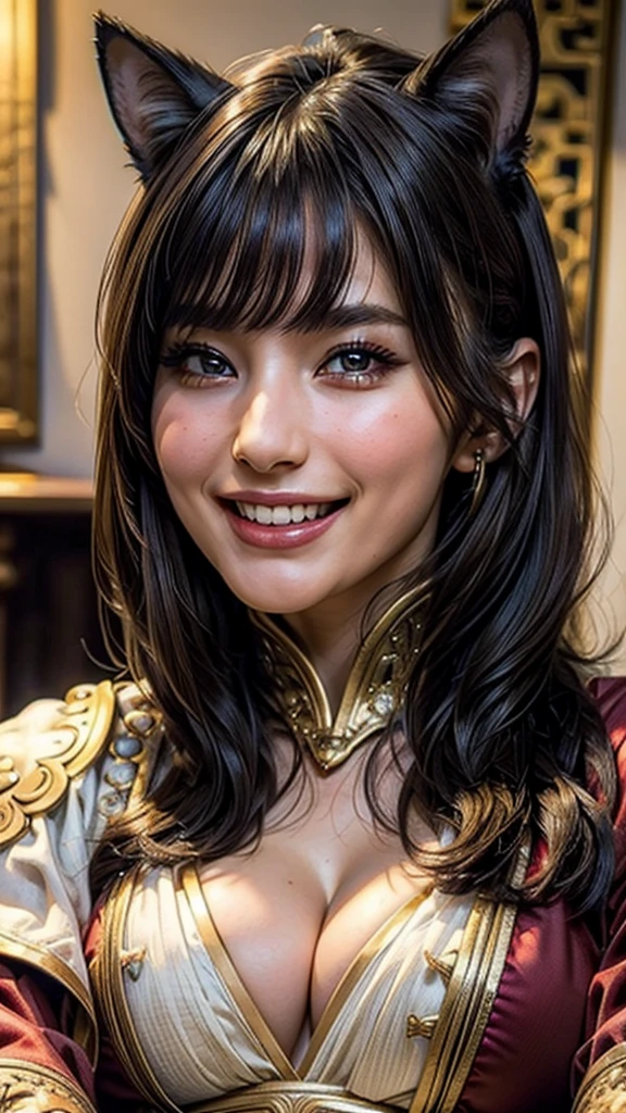 (high quality , Super detailed:1.2 ) , (Highly detailed beautiful face:1.4), ((Highest quality)), ((masterpiece)),((realistic:1.4)),smile ,beautiful woman, (be familiar with), perfect face、(8K, highest quality, masterpiece:1.2),(ultra high resolution:1.0),((Natural big breasts:1.2)),Chun-Li's face ,Cat ear ,Red Chinese clothing ,Sitting and laughing