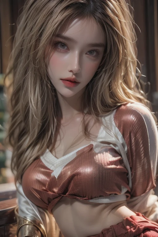 photorealistic, high resolution, 1women, solo, hips up, (detailed face), Blonde hair, ผมหางม้าสูง, Taoist robe, oversized clothes, jewelry, midjourney portrait