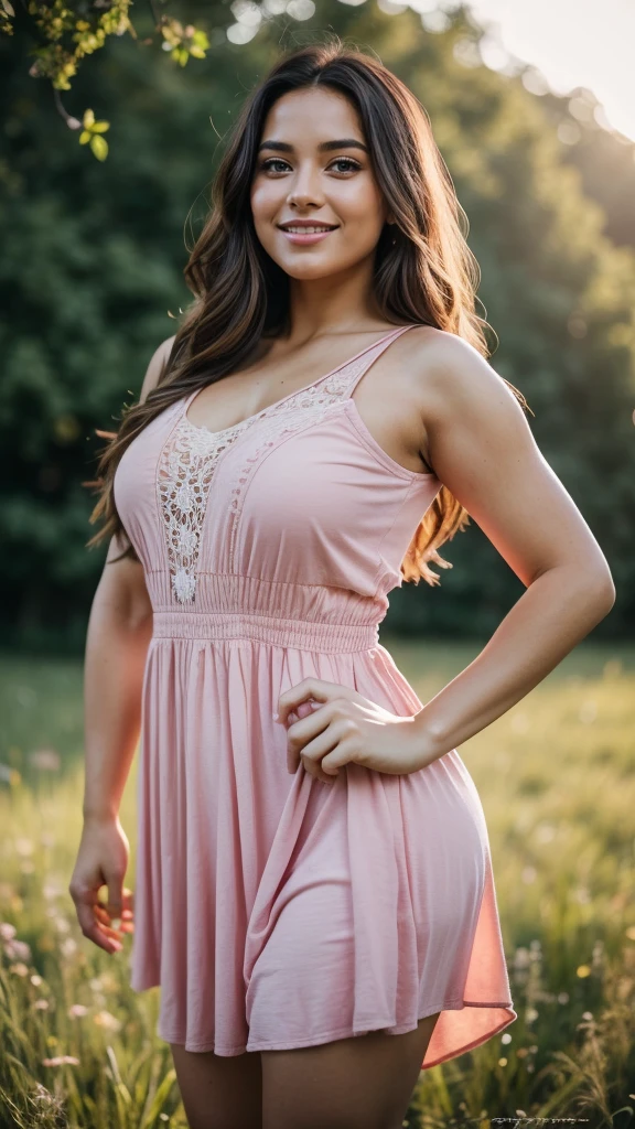 realistic body shot photo of spanish chubby smiling long hair woman dancing in front of camera wearing a pink cotton dress, meadow, glamour photoshoot, perfect anatomy, Perfect eyes. Perfect hands with 5 fingers on each hand. fit girl, looking into the camera, strong hip:1.2, wide hip:1.3, 26 yo woman. (Eye makeup:1.1), (highly detailed skin:1.1), RAW, analog style, sharp focus, 8k UHD, DSLR, high quality, Fujifilm XT3, grain, award winning, masterpiece.