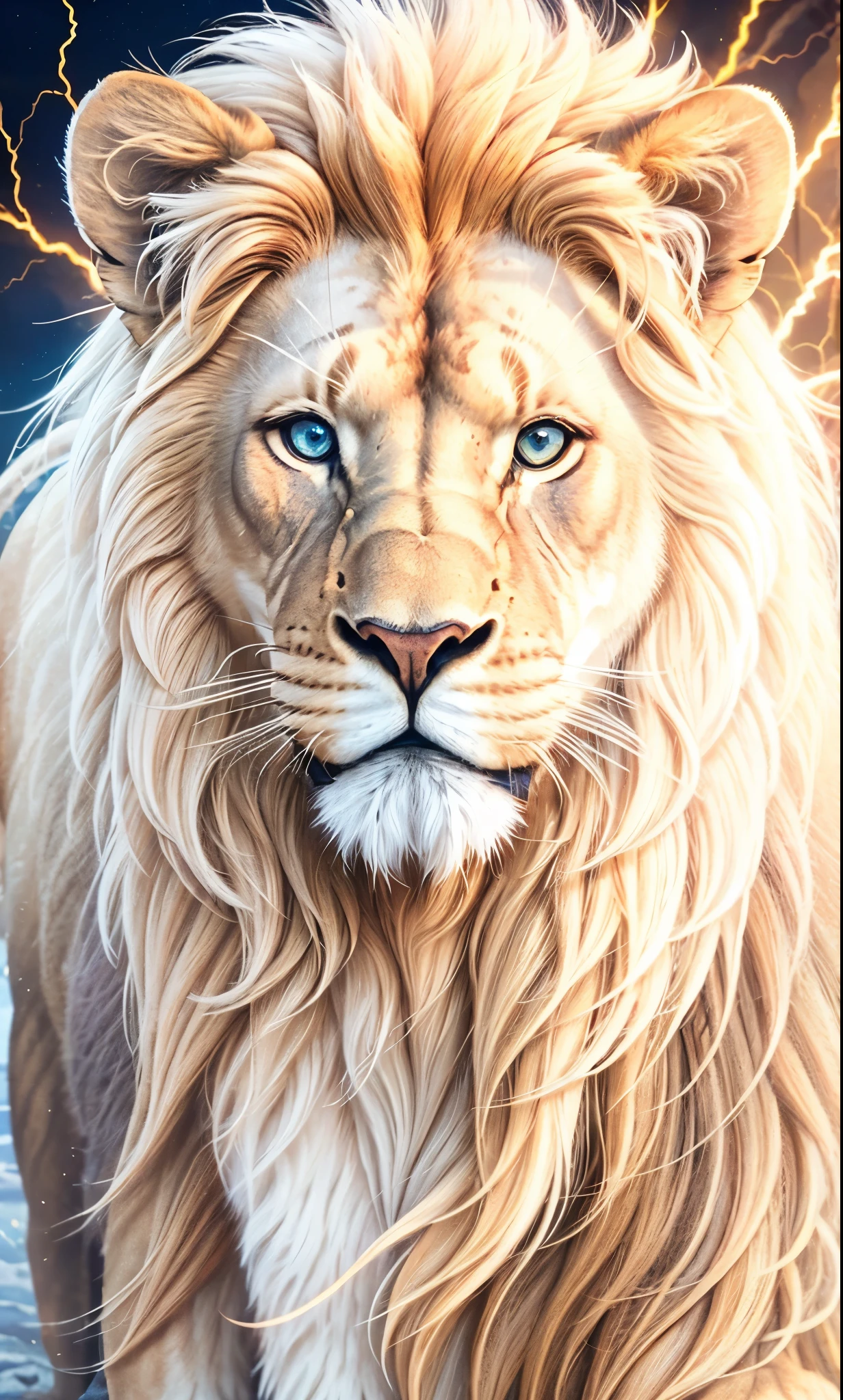 Lion, Divine Lion, naturals, thunder, Realistic Lion, rey, realistic detailed, Sunset light, sky, Sol noturno, realistic detailed 16K, Eletricidade Detalhada 8K, darkness background, Texturas realistas de 8K, Cores photorrealistic 8K, fire azul, realistic detailed Fire Bolt, sky Light Detailed, Power of thunder, Divine realistic, gold color, Divine gold, golden light, naturey, linda, Rendering, photorrealistic, UltraHigh definition, 4K, detailed textures, thunder, detailed shadows, detailed colors, neon blue, blue light, lightnings, blue power, naturey linda, Great Divine, peaceful face, naturalss, lightning, Electric Power Screw, detailed contrast, realistic contrast, high resolution, detailed colors, fire, villany, divine creature, 8K FullHD, realistic detailed, 16K, 8K, High definition, detailed contrast, realistic contrast, high resolution, detailed colors, fire, villany, divine creature, 8K Realistic Lion Face, realistic detailed, posh, elegance