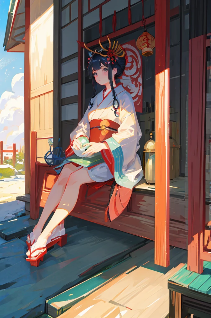 geisha with tied hair sitting inside a traditional Japanese house
