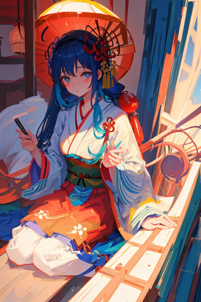 geisha with tied hair sitting inside a traditional Japanese house

