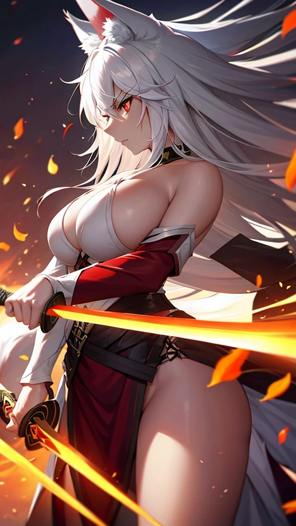 An adult woman half fox and wolf, wide breasts, red eyes, white hair, super angry, holding a sword