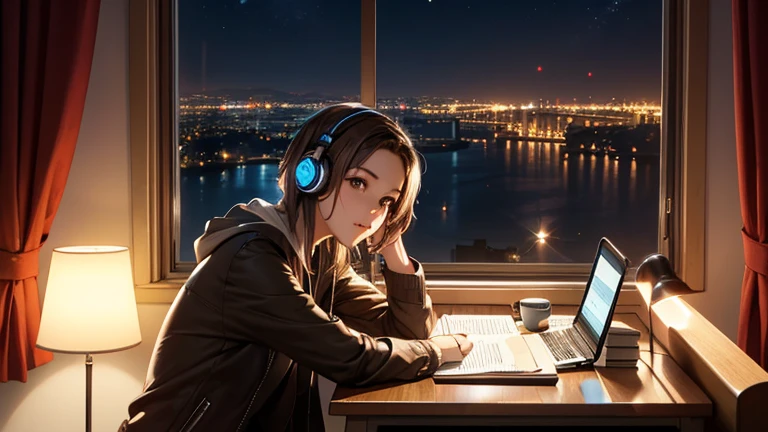 Kizi, 20 year, short light brown hair, eyes browns, estilo rebelde, Wearing Headphones, writing in notebook on your study table, next to a large window, with a view of the illuminated city `the night. in the bedroom, lighting from a table lamp, with 2 books, an open laptop and a cup of tea.