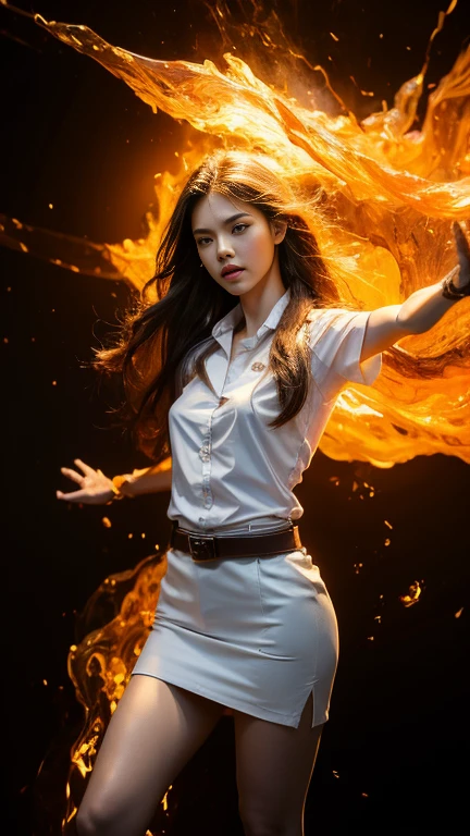 (fire element:1.1), medium long shot, It consists of fire element,fire,transparency,burning,(molten rock),Frame print,burning hair,smoke,cloud,chopped, girl engulfed in flames, Flames fly and sparks scatter,mano burning,translucent luminescence, 18s woman in thai university uniform, long straight fire hair, white shirt, black tight mini skirt, brown belt, white sneakers, masterpiece:1.2, high detail, realistic, cinematic scene, fire goddess, perfect figure, 16k, close up, portrait photo, dynamic powerful pose