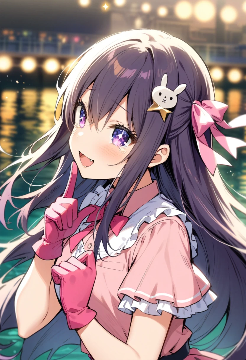 masterpiece, best quality, very aesthetic, absurdres,1girl, ,hoshino_ai_(oshi_no_ko),  eyelashes, eyes_visible_through_hair, fangs, floating_hair, glint, sparkle, star_(symbol), star_hair_ornamenthair_between_eyes, hair_ornament, hair_ribbon, heart-shaped_ornament, long_hair, purple_eyes, purple_hair, rabbit_hair_ornament, sidelocks, star-shaped_pupils, symbol-shaped_pupils, tsurime, very_long_hair, gloves, idol_clothes, pink_gloves, pink_ribbon, pink_shirt, shirt, idol,,shushing, silence gesture,finger_to_mouth,blush,tears in eyes,embarrassed,,on bridge,over a river,blur background,background defocus