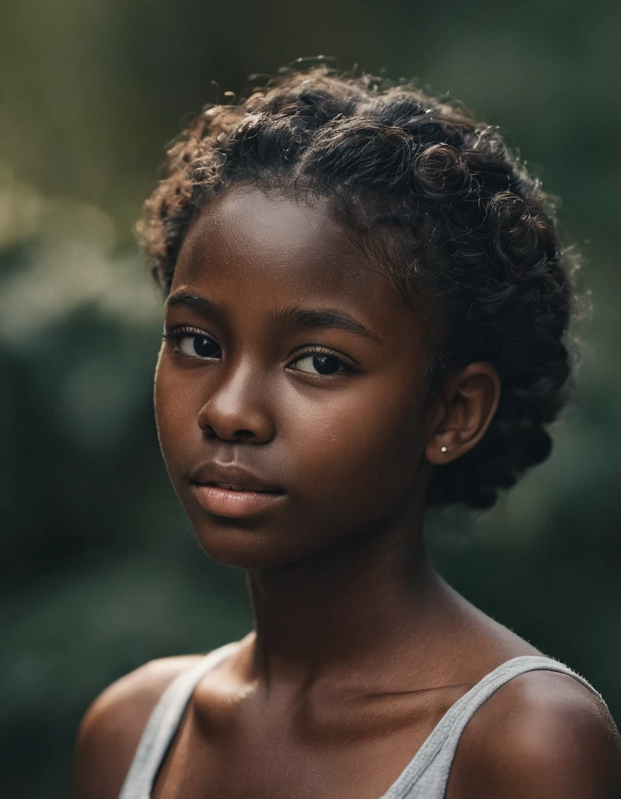 1girl, dark skinned, (photography, highly detailed:1.2), portrait, detailed face, upper body, shoulders, chest, ager, cute, shy