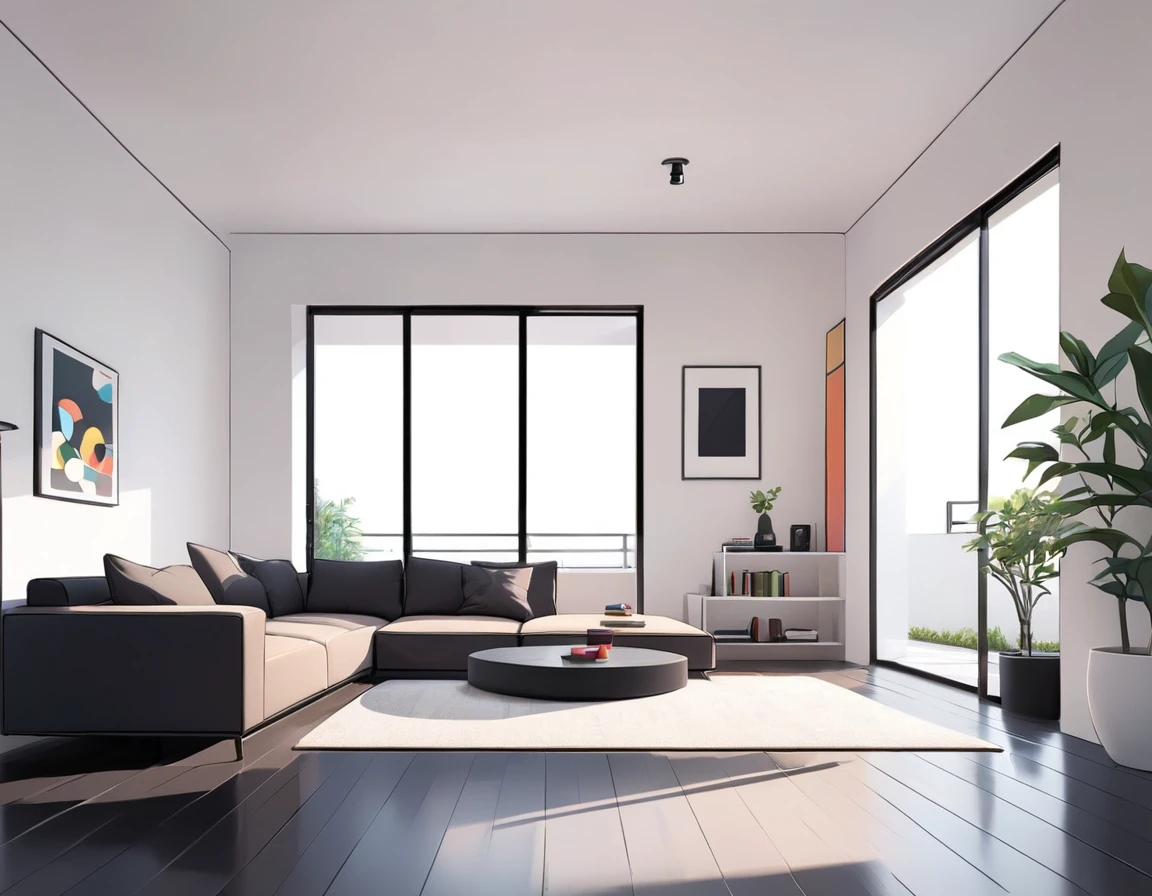 empty living room,simple detailed,modern empty living room,white wall,black floor,no windows,white platform,vivid,cartoon styles,minimalist style