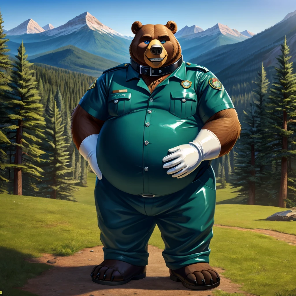 solo, full body, Male, fat, extremely obese, Bear, park ranger, trousers, outdoor, park ranger uniform, collared shirt with buttons, blue eyes, (soft shading), 4k, hi res, ((detailed face, detailed)), looking at viewer, evil grin, Bear is wearing the collared shirt and leather collar at the same time, Bear is wearing a glossy leather dog collar around the neck, Bear is wearing white rubber gloves on the hands, white rubber gloves on the feet, gloves are rubber in texture, leather collar is shiny, leather collar is extremely detailed, rubber gloves are glossy, Evergreen pine forest and mountains national park in the background, Environmental protection area.